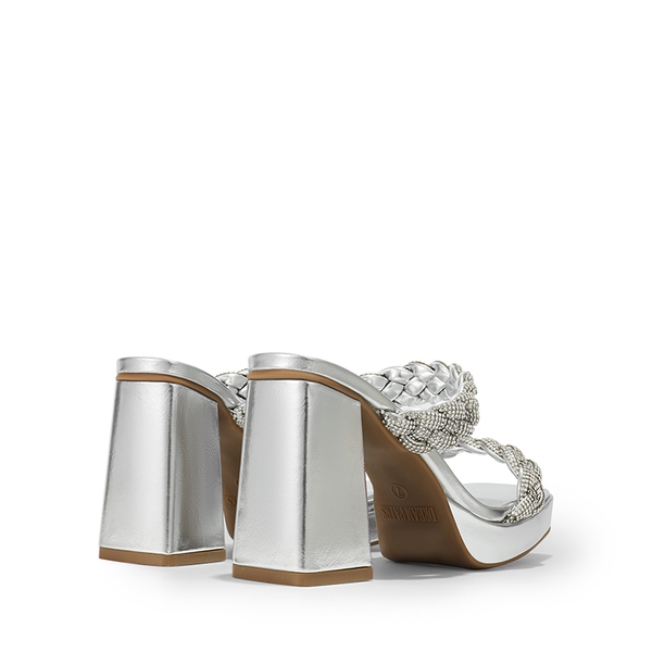 Rhinestone Braided Strap Heel Sandals - SILVER-RHINESTONE - 6