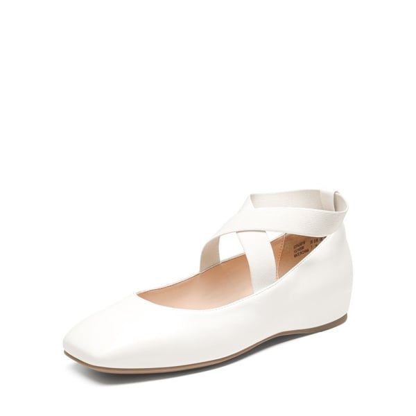 Criss Cross Elastic Ankle Strap Flats - WHITE-PU -  0