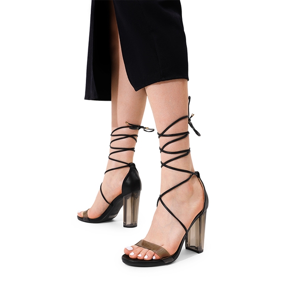 Lace Up Transparent Heel Sandals - BLACK-PU - 2