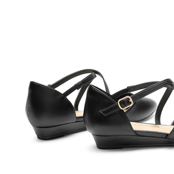 V-shaped Cutout Low Wedge Flats - BLACK-PU - 4