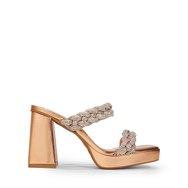 Rhinestone Braided Strap Heel Sandals - ROSE GOLD-RHINESTONE - 3
