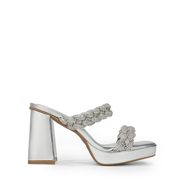 Rhinestone Braided Strap Heel Sandals - SILVER-RHINESTONE - 3