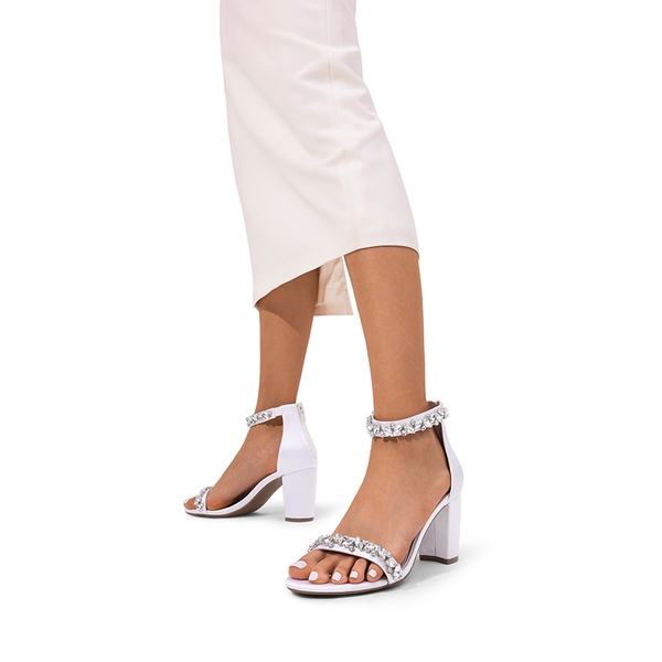 Ankle-Strap Rhinestone Chunky Heel Sandals - WHITE-SATIN - 2