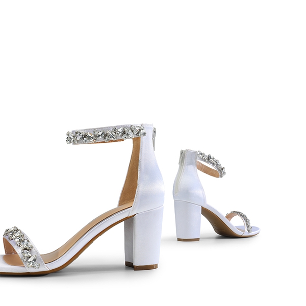 Ankle-Strap Rhinestone Chunky Heel Sandals - WHITE-SATIN - 5