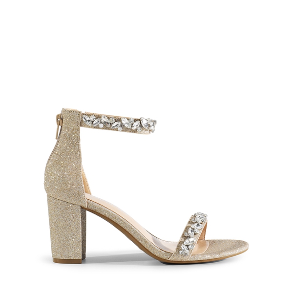 Ankle-Strap Rhinestone Chunky Heel Sandals - GOLD-GLITTER - 3