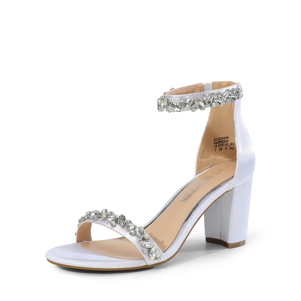 Ankle-Strap Rhinestone Chunky Heel Sandals - WHITE-SATIN -  0