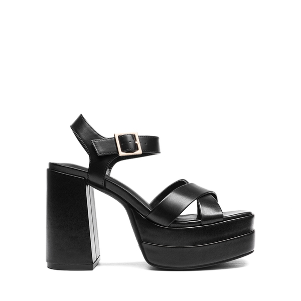Square Toe Ankle-Strap Platform Chunky Heel Sandals - BLACK - 3