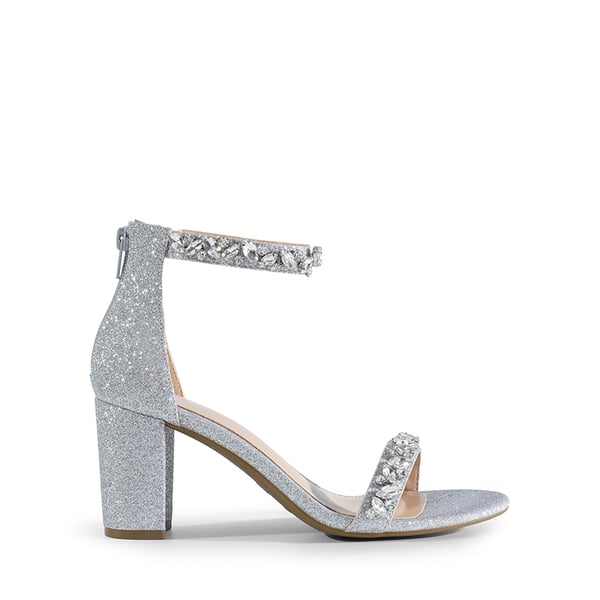Ankle-Strap Rhinestone Chunky Heel Sandals - SILVER-GLITTER - 3