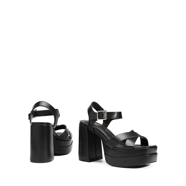 Square Toe Ankle-Strap Platform Chunky Heel Sandals - BLACK - 6