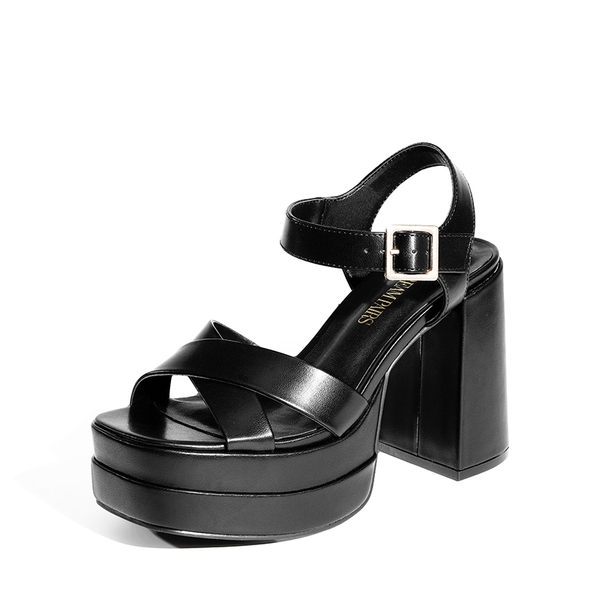 Square Toe Ankle-Strap Platform Chunky Heel Sandals - BLACK -  0