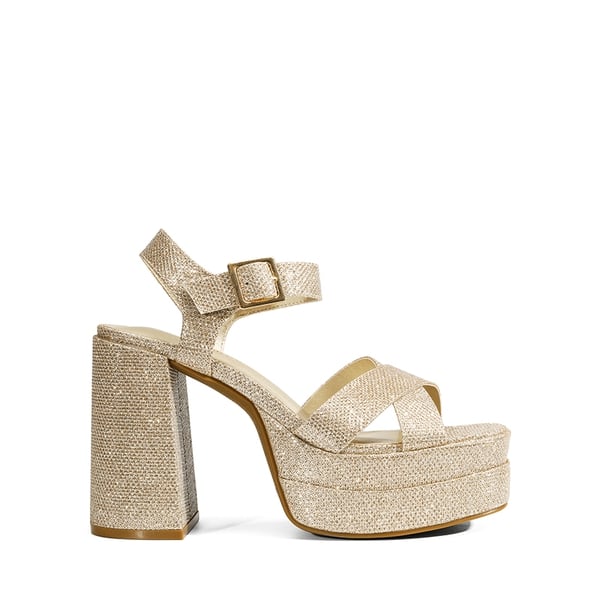 Square Toe Ankle-Strap Platform Chunky Heel Sandals - GOLD GLITTER - 3