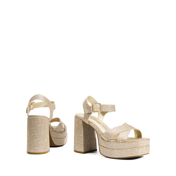 Square Toe Ankle-Strap Platform Chunky Heel Sandals - GOLD GLITTER - 6