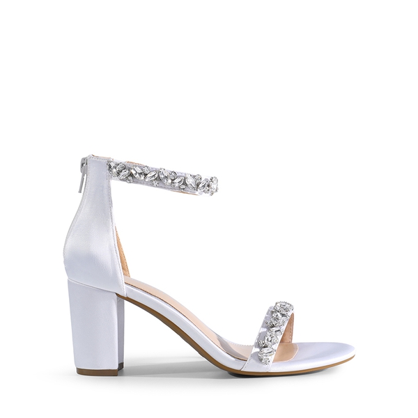 Ankle-Strap Rhinestone Chunky Heel Sandals - WHITE-SATIN - 3