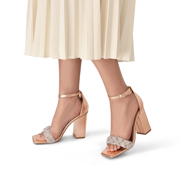 Braided Ankle Strap Block Heel Sandals - ROSE GOLD-RHINESTONE - 1