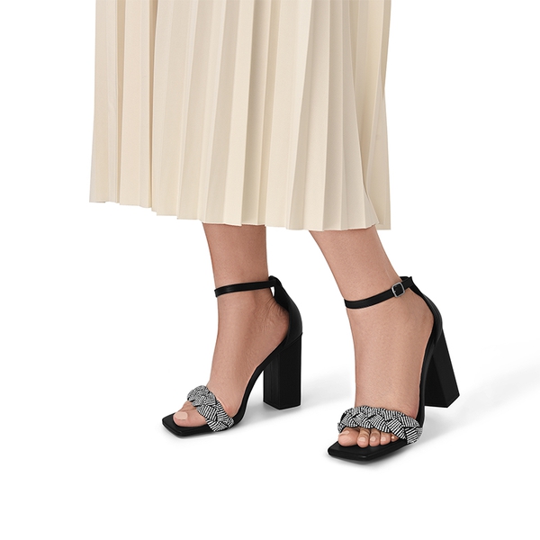 Braided Ankle Strap Block Heel Sandals - BLACK-RHINESTONE - 1