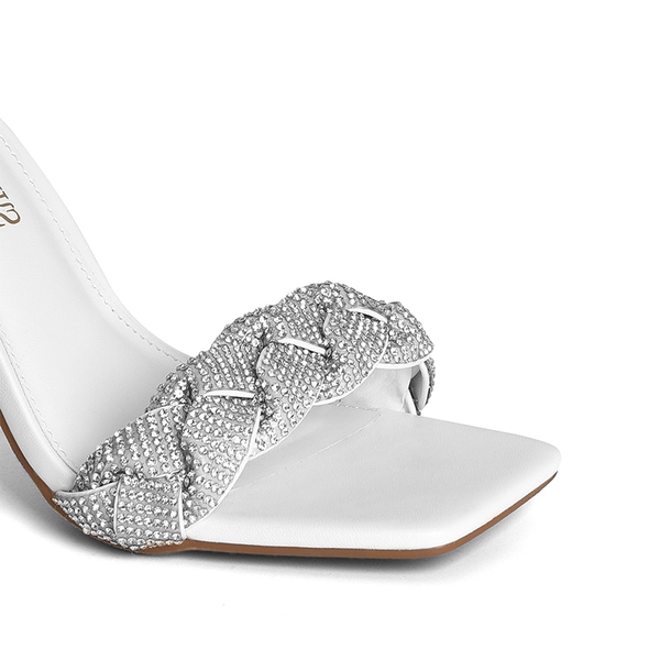 Braided Ankle Strap Block Heel Sandals - WHITE-RHINESTONE - 4