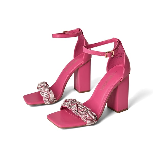 Braided Ankle Strap Block Heel Sandals - HOT PINK-RHINESTONE - 5