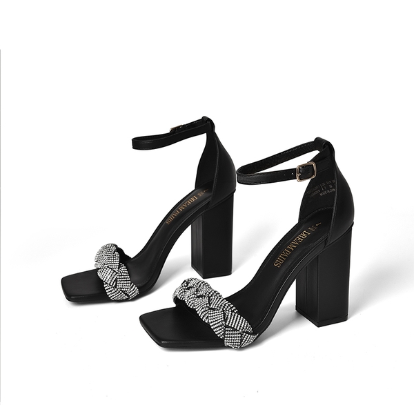 Braided Ankle Strap Block Heel Sandals - BLACK-RHINESTONE - 5