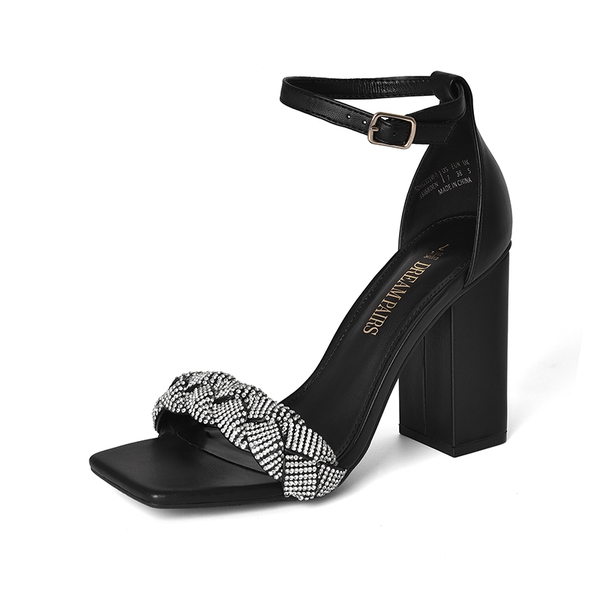 Braided Ankle Strap Block Heel Sandals - BLACK-RHINESTONE -  0