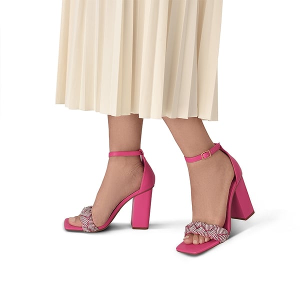 Braided Ankle Strap Block Heel Sandals - HOT PINK-RHINESTONE - 1