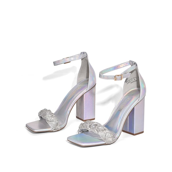 Braided Ankle Strap Block Heel Sandals - SILVER-RHINESTONE - 5