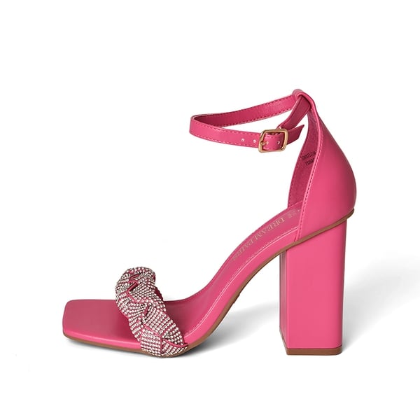 Braided Ankle Strap Block Heel Sandals - HOT PINK-RHINESTONE - 3