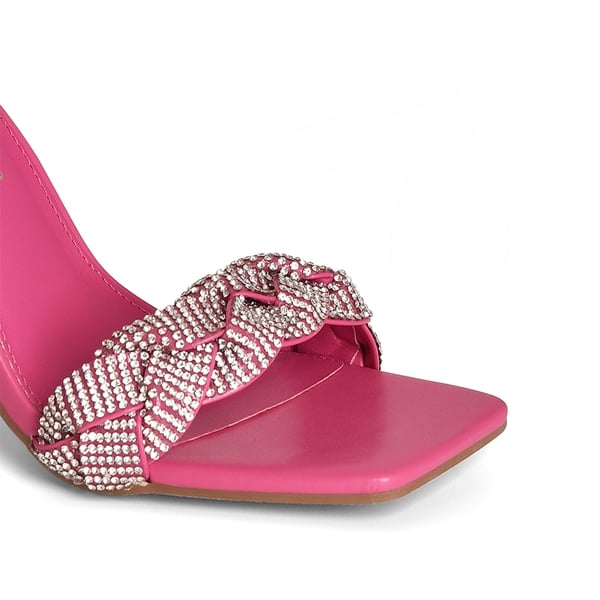 Braided Ankle Strap Block Heel Sandals - HOT PINK-RHINESTONE - 4