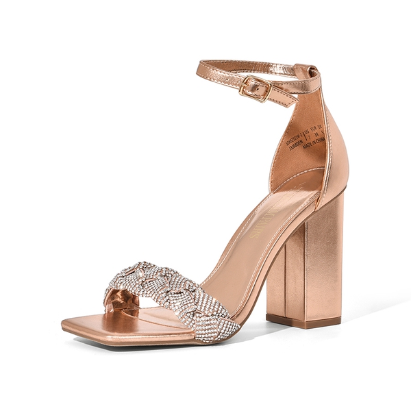 Braided Ankle Strap Block Heel Sandals - ROSE GOLD-RHINESTONE -  0