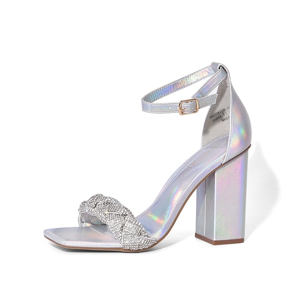 Braided Ankle Strap Block Heel Sandals - SILVER-RHINESTONE -  0