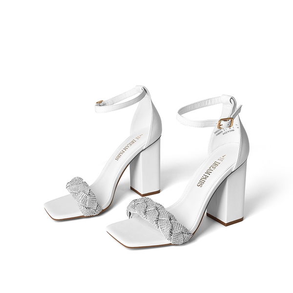 Braided Ankle Strap Block Heel Sandals - WHITE-RHINESTONE - 5