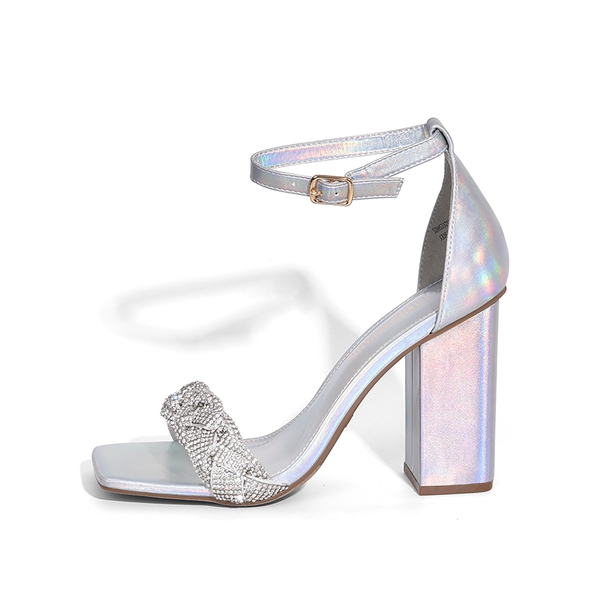Braided Ankle Strap Block Heel Sandals - SILVER-RHINESTONE - 3