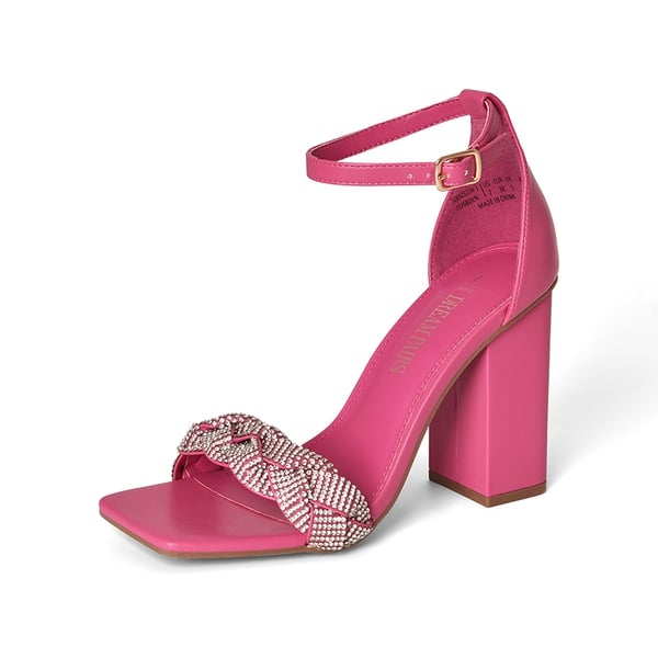 Braided Ankle Strap Block Heel Sandals - HOT PINK-RHINESTONE -  0
