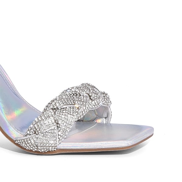 Braided Ankle Strap Block Heel Sandals - SILVER-RHINESTONE - 4