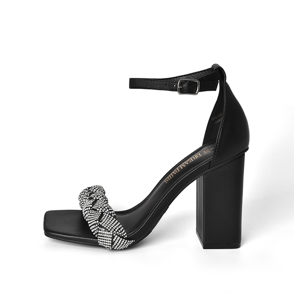 Braided Ankle Strap Block Heel Sandals - BLACK-RHINESTONE - 3