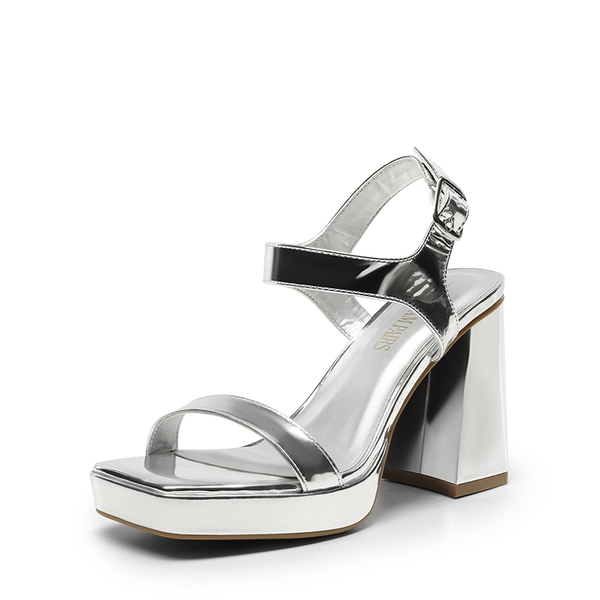 Platform Strap Chunky High Heel Sandals - SILVER-PAT -  0