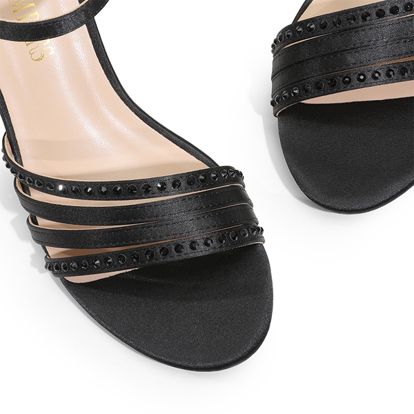 Glitter Rhinestone Low Kitten Heels - BLACK-SATIN - 6
