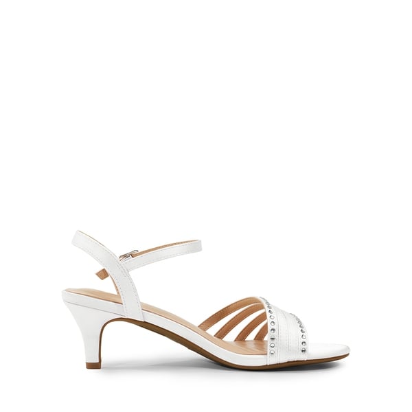 Glitter Rhinestone Low Kitten Heels - WHITE-SATIN - 3