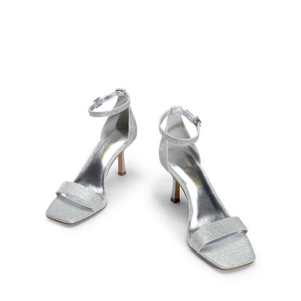 Square Toe Ankle Strap Heels - SILVER-GLITTER - 6