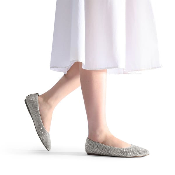 Pointed Toe Ballet Slip On Flats - SILVER-RHINESTONE - 1