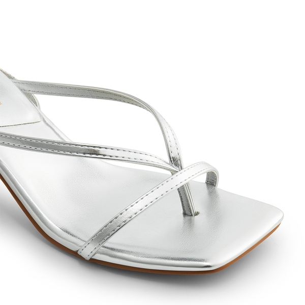 Square Toe Strappy Kitten Heels - SILVER-PU - 6