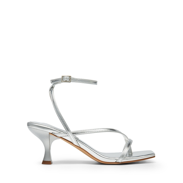 Square Toe Strappy Kitten Heels - SILVER-PU - 3