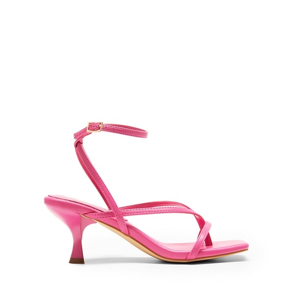 Square Toe Strappy Kitten Heels - HOT PINK-PU - 3