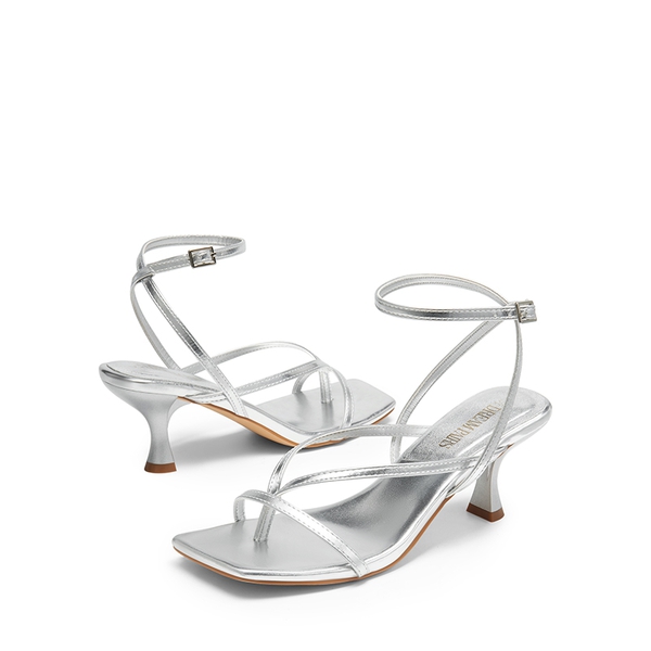 Square Toe Strappy Kitten Heels - SILVER-PU - 4