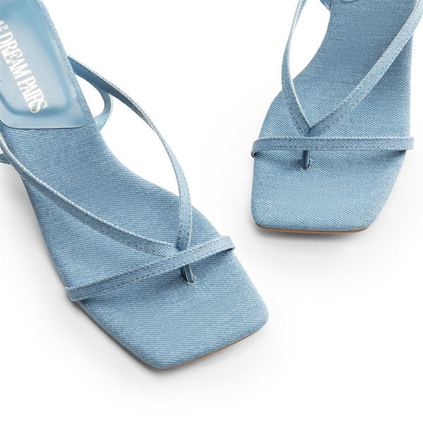 Square Toe Strappy Kitten Heels - DENIM BLUE - 5