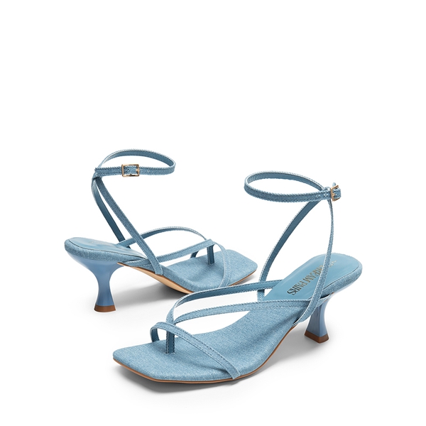Square Toe Strappy Kitten Heels - DENIM BLUE - 4