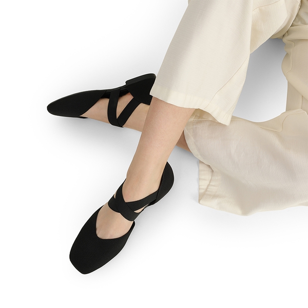 Sustainable Criss Cross Knit Ballet Flats - BLACK-ECO - 6