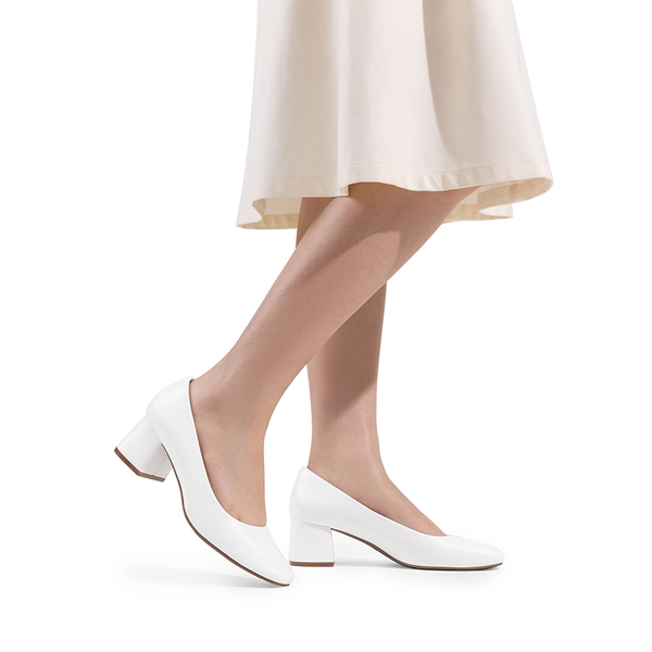 Square Toe Low Chunky Pumps  - WHITE - 5