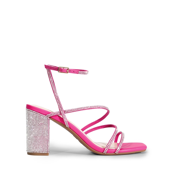 Strappy Chunky Heel Sandals - HOT PINK-RHINESTONE - 1