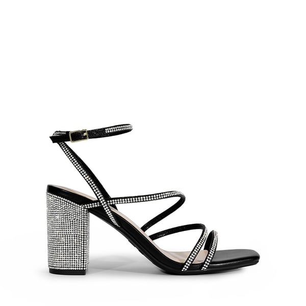 Strappy Chunky Heel Sandals - BLACK-RHINESTONE - 1