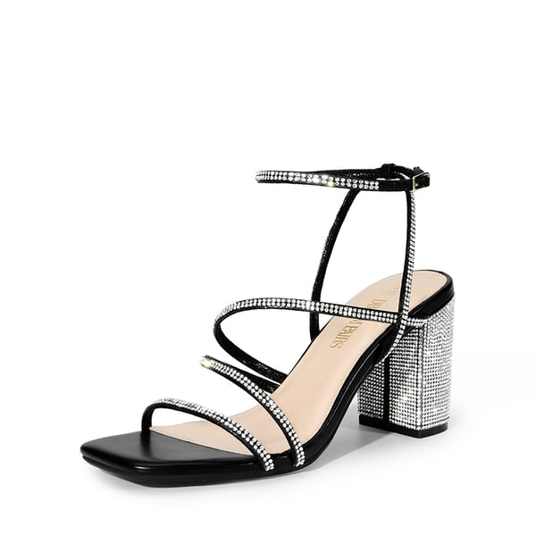 Strappy Chunky Heel Sandals - BLACK-RHINESTONE -  0